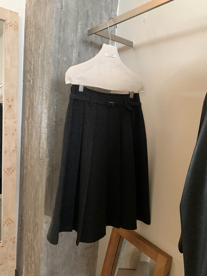 // 韓式復古粗百褶半裙(連腰帶)