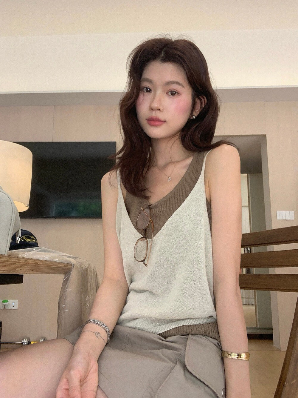 // 真兩件可拆開背心+吊帶撞色套裝