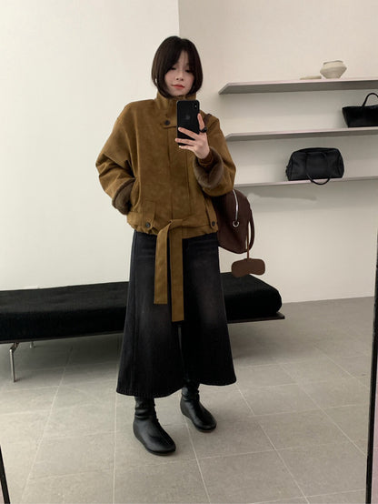 // 版型超好的拼毛毛底蛋白皮外套￼