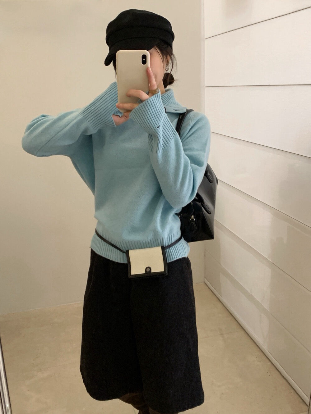 // 100%綿羊毛鈕扣可立領+設計感袖口毛衣