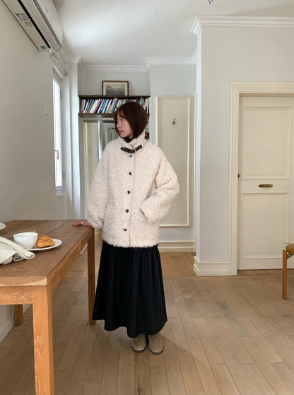 // 皮扣可立領口袋毛毛外套