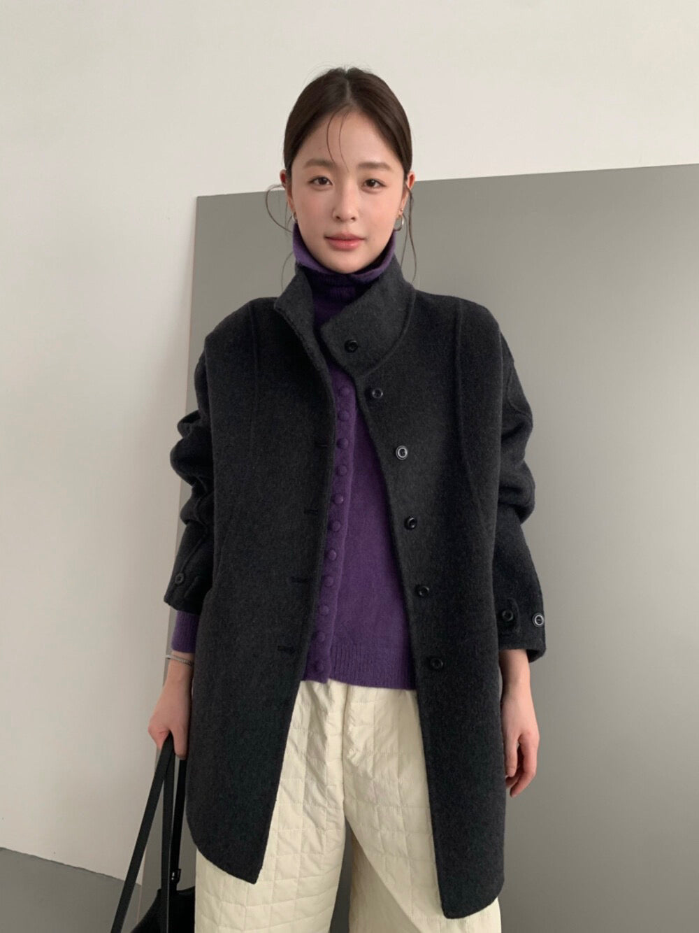 // 100%羊毛小立領排扣連腰帶雙面手工外套