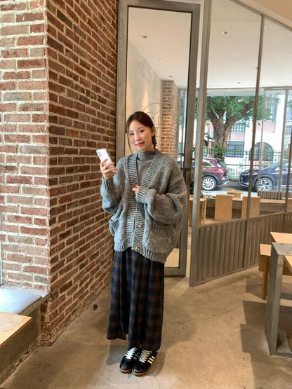 // 30%wool格紋壓褶毛呢中長裙(連腰帶)