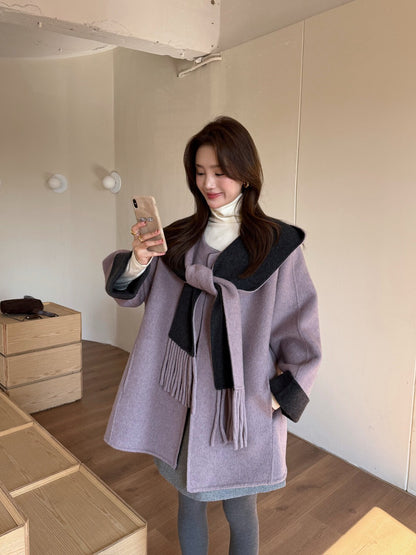 // 100%羊毛簡約高級感三粒鈕中長手工外套(連連帽頸巾)