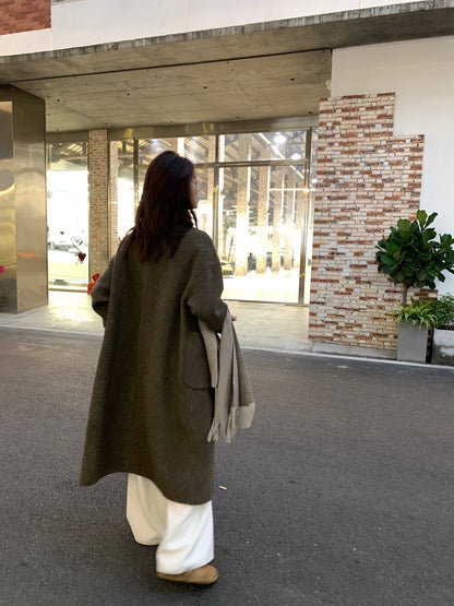 // 90%wool氣質立領長款手工羊毛外套(連袋仔)