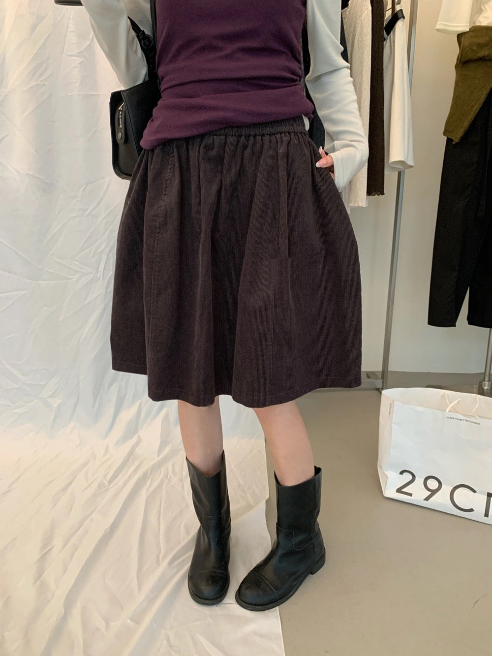 S29 / 復古燈芯絨橡筋腰傘型短裙