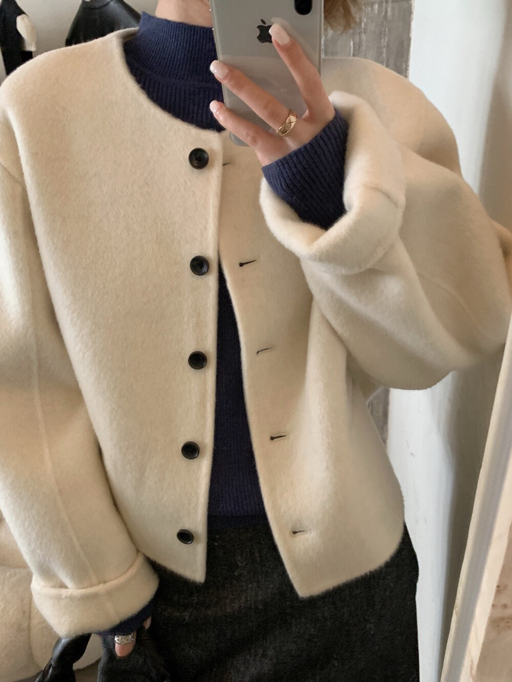 // 100%羊毛簡約圓領小口袋雙面羊毛手工外套