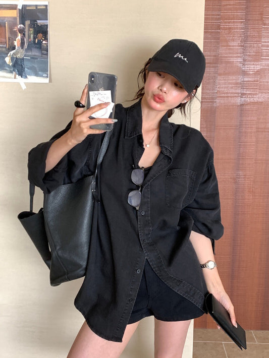 // 復古感天絲棉黑灰牛仔恤衫