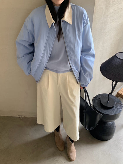 // 可愛小刺繡拼燈芯絨領夾棉外套