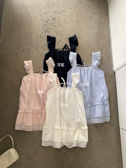 // 超美拼接lace鈕扣荷葉邊肩帶背心