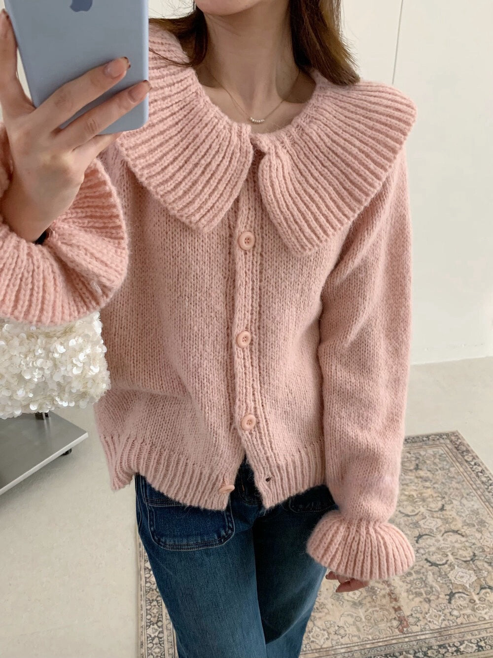 // 大荷葉領+袖開胸毛衣