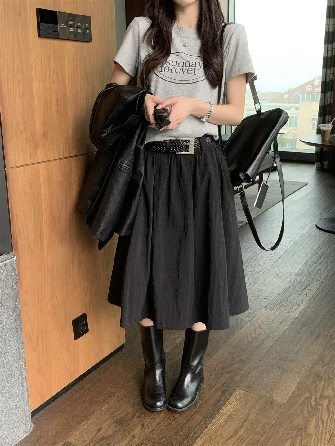 // 法式連腰帶壓褶中長傘裙