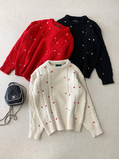 // 5%wool心心刺繡麻花毛衣