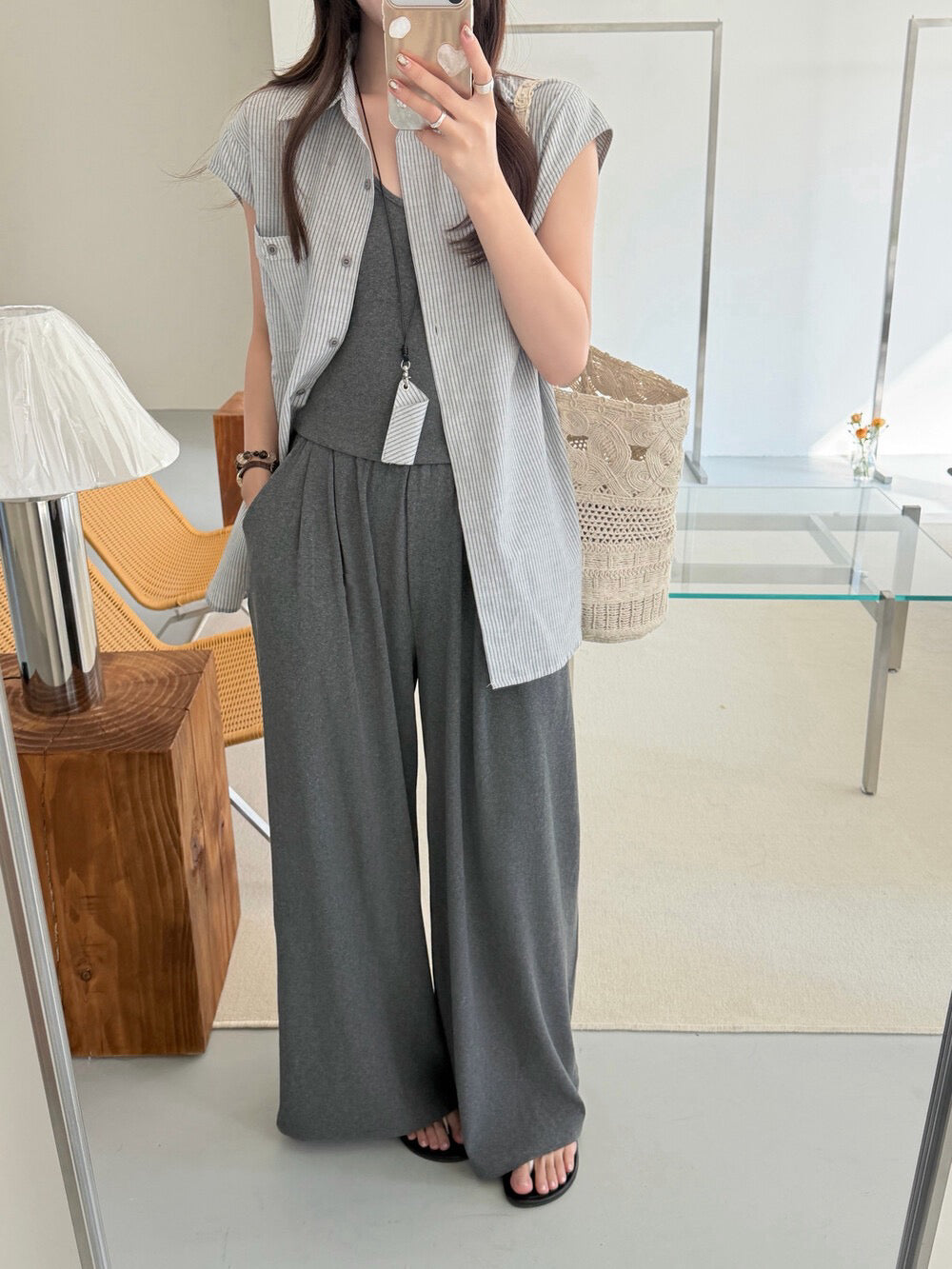 S43 / 休閒風間條小飛袖恤衫+吊帶+舒服褲三件套
