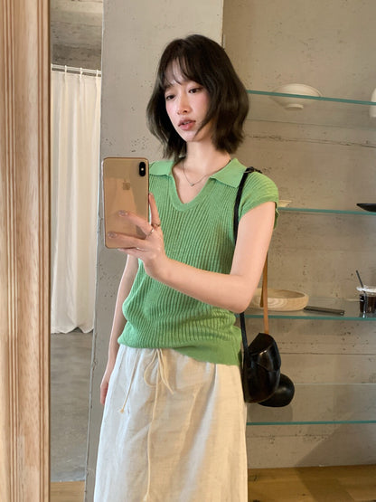 // 竹節麻小U翻領針織上衣