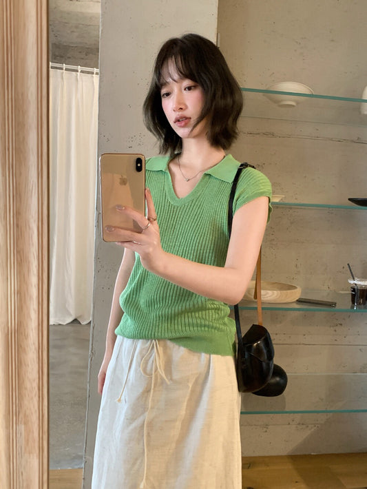 // 竹節麻小U翻領針織上衣