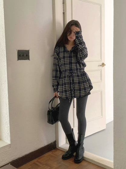 // 木耳邊可綁腰格紋BL