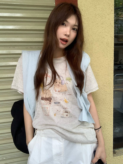 // 可愛手繪lyocell麻短袖TEE