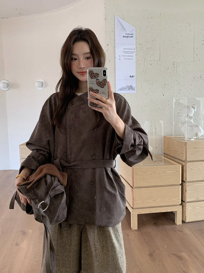 // 小立領雙排扣麂皮絨外套