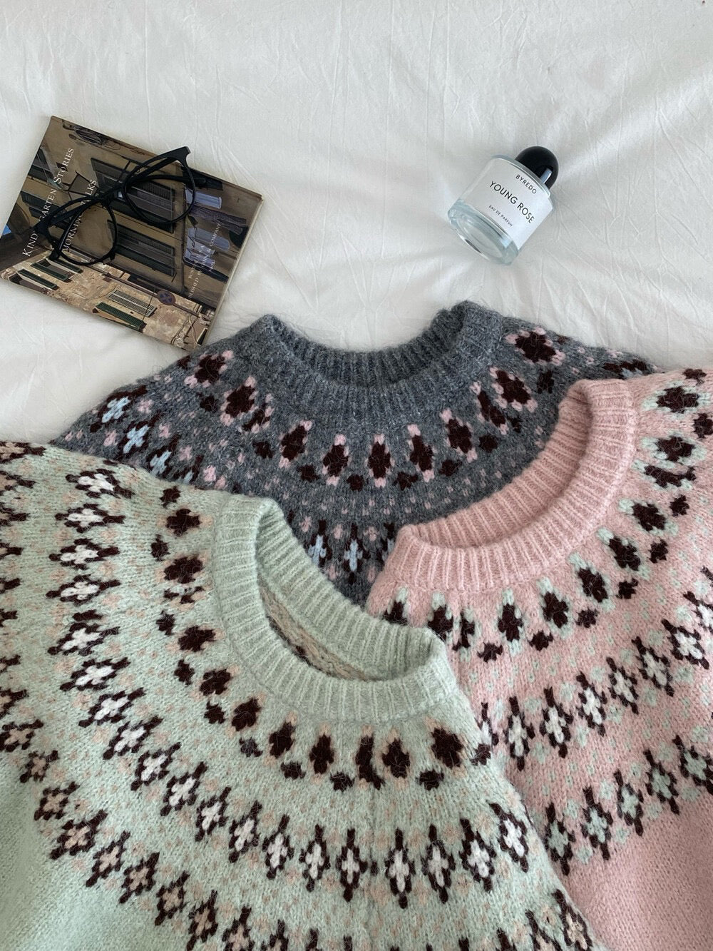 // 復古民族patterns圓領毛衣