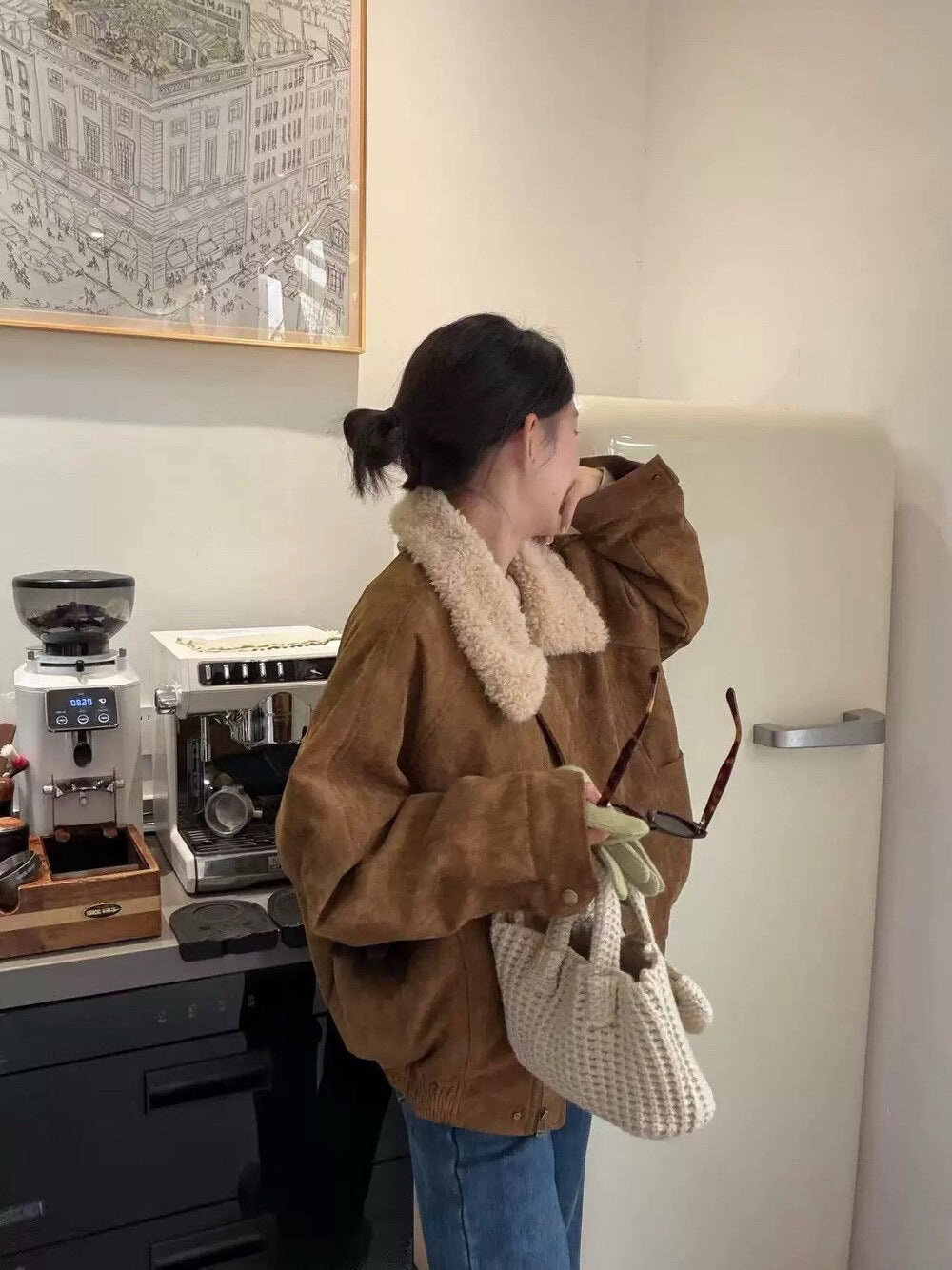 // 復古拼羊羔毛領麂皮絨外套