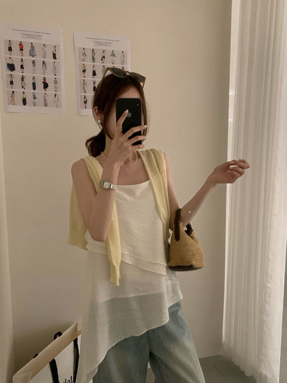 // 雙層不規則下擺吊帶上衣