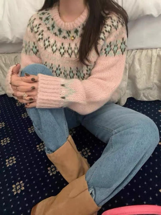 // 復古民族patterns圓領毛衣