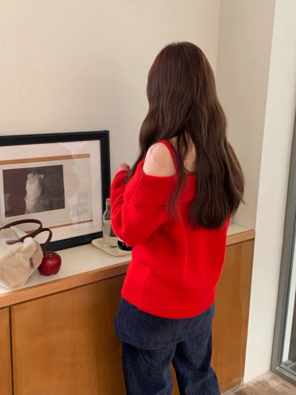 // 聖誕必備一字領肩帶毛衣