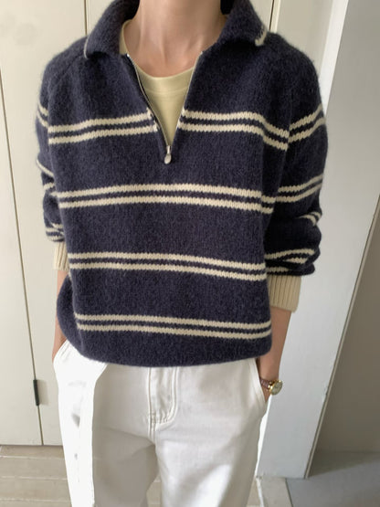 // 撞色間條邊半拉鍊毛衣