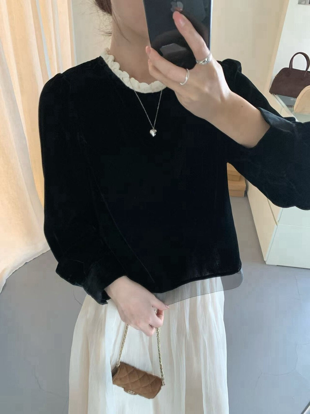 // 氣質絲絨花邊領後綁帶拼lace腳BL