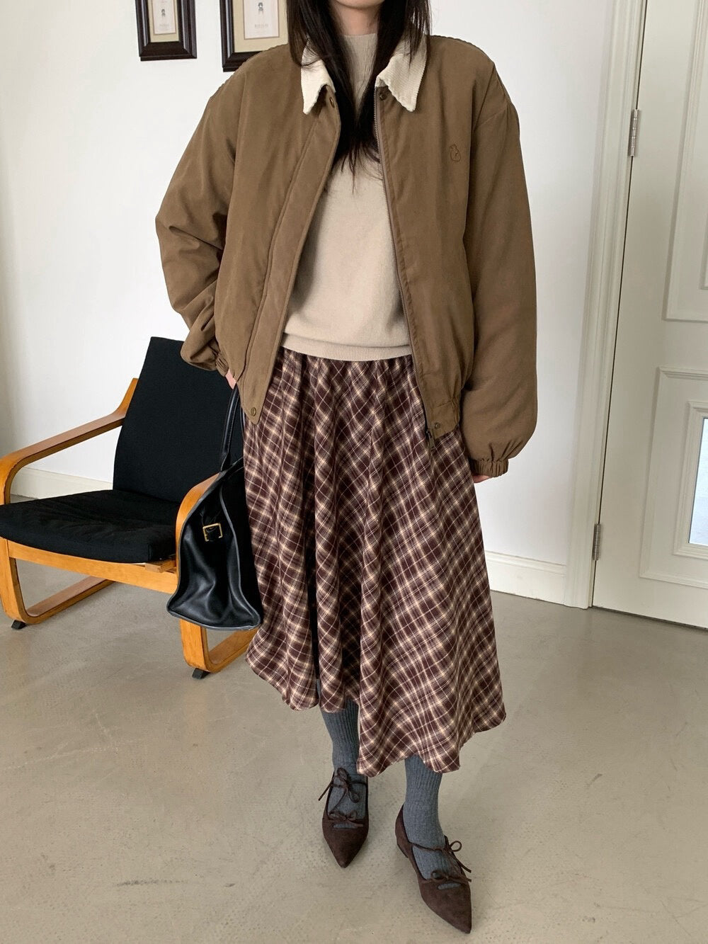 // 可愛小刺繡拼燈芯絨領夾棉外套