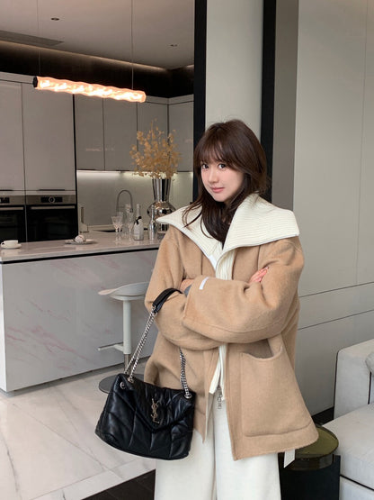 // 造型感針織翻領拼接假兩件手工羊毛外套(毛呢部份100%wool)