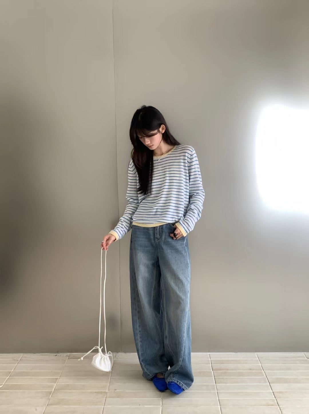 // 拼色邊薄羊毛間條NT