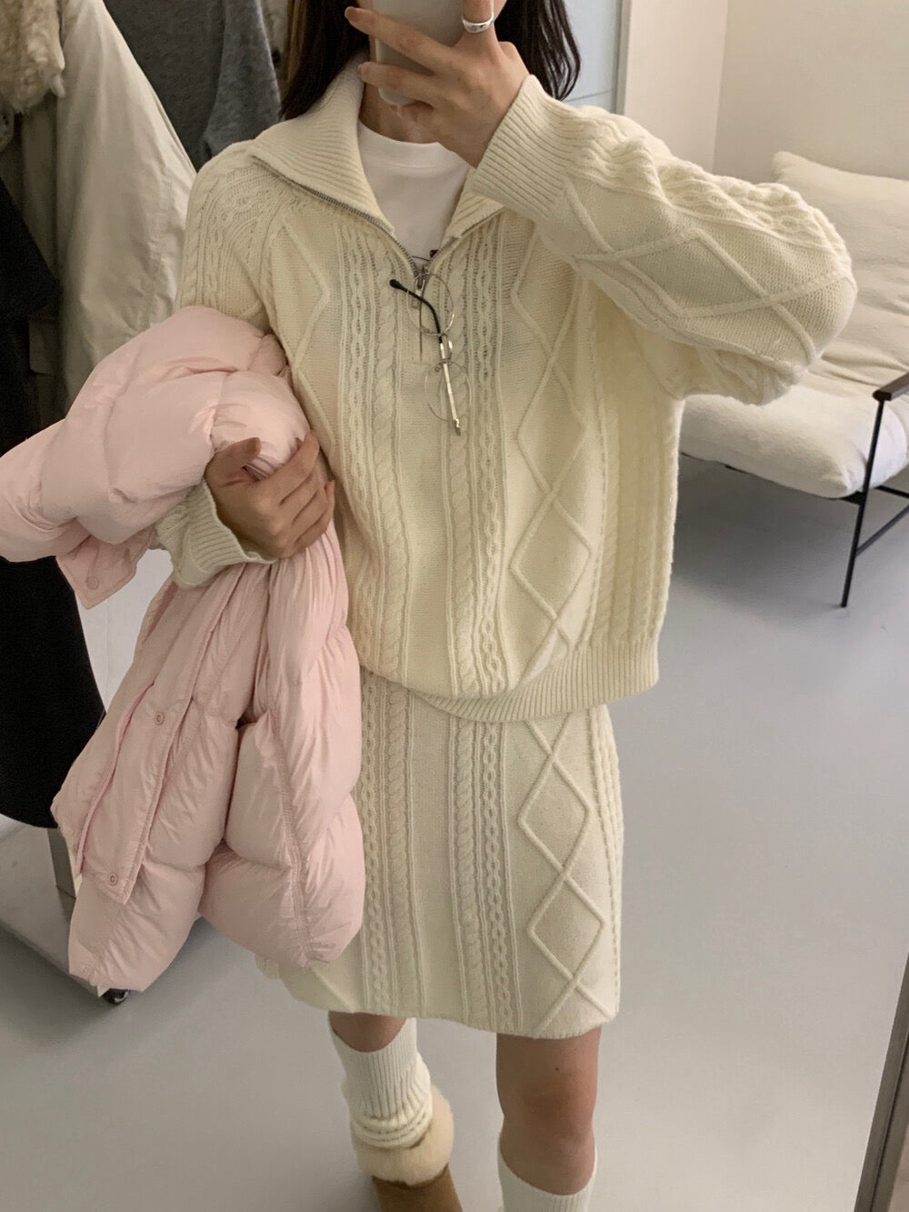 // 麻花半拉鍊立領毛衣+短裙套裝