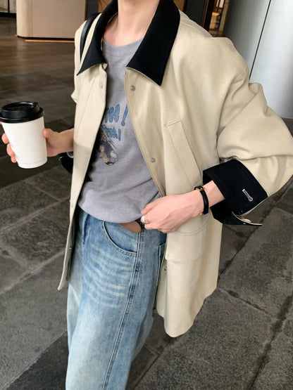 // 經典款撞色領口中長款trench coat