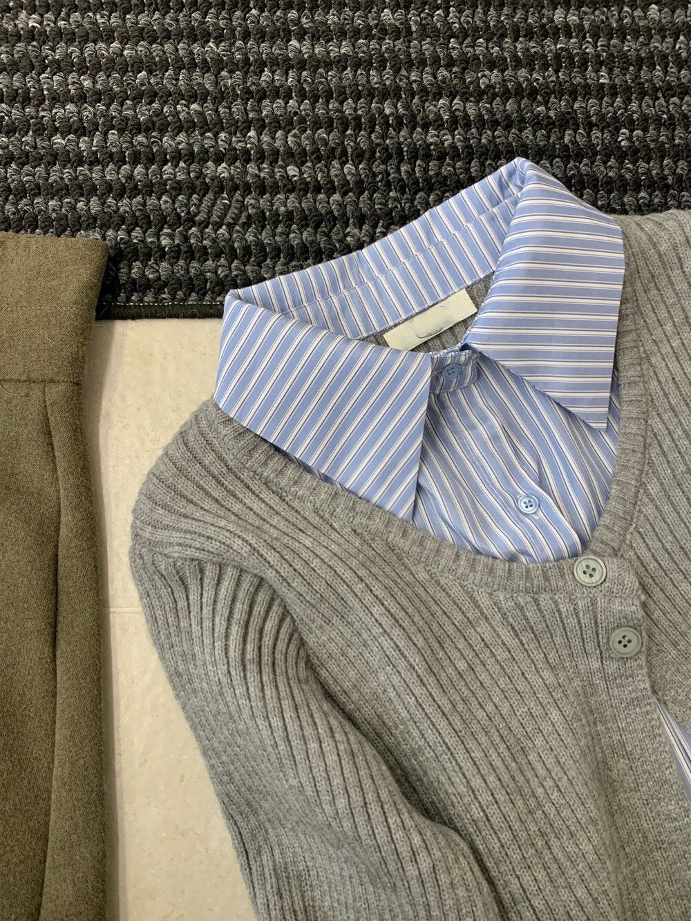 // 間條恤衫拼接針織外套假兩件上衣