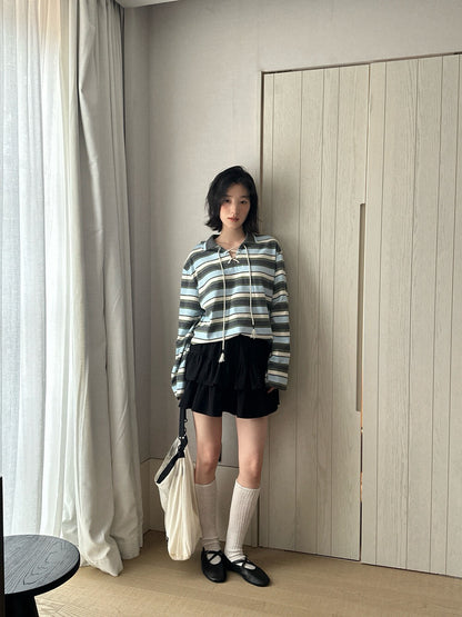 // Miu風綁帶間條polo上衣