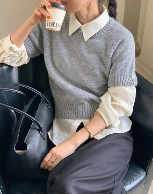 // cashmere+fine wool反袖鈕扣袖短袖NT