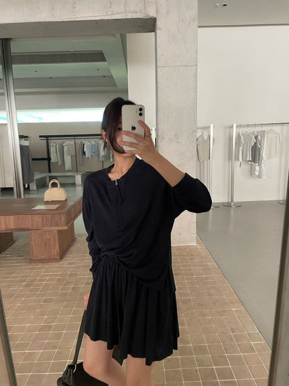 // 慵懶休閒風lyocell麻半拉鍊TEE+裙套裝