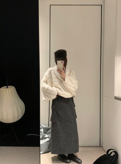 // 50%羊毛雙口袋工裝毛呢半裙