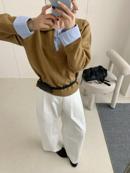 // 設計感拼接恤衫針織上衣