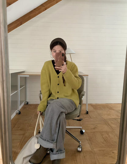 // 12色超美色系V領排扣羊絨紗CD