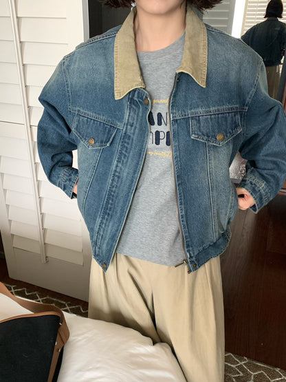 // 中古風拼領拉鍊牛仔外套