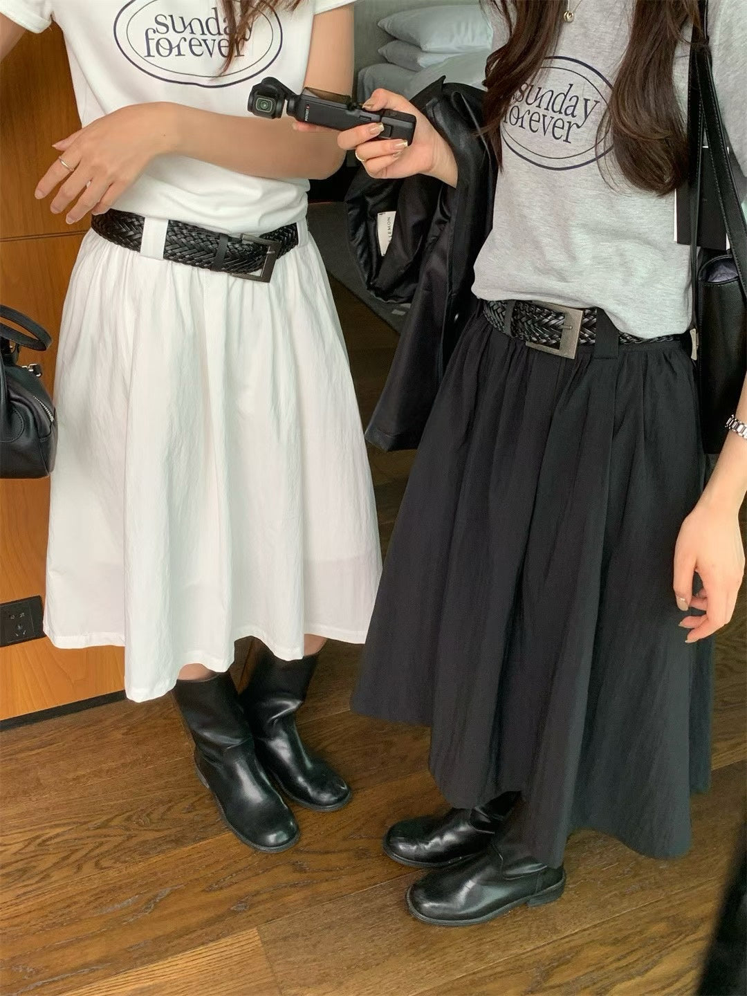 // 法式連腰帶壓褶中長傘裙