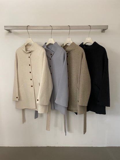 // 100%羊毛小立領排扣連腰帶雙面手工外套