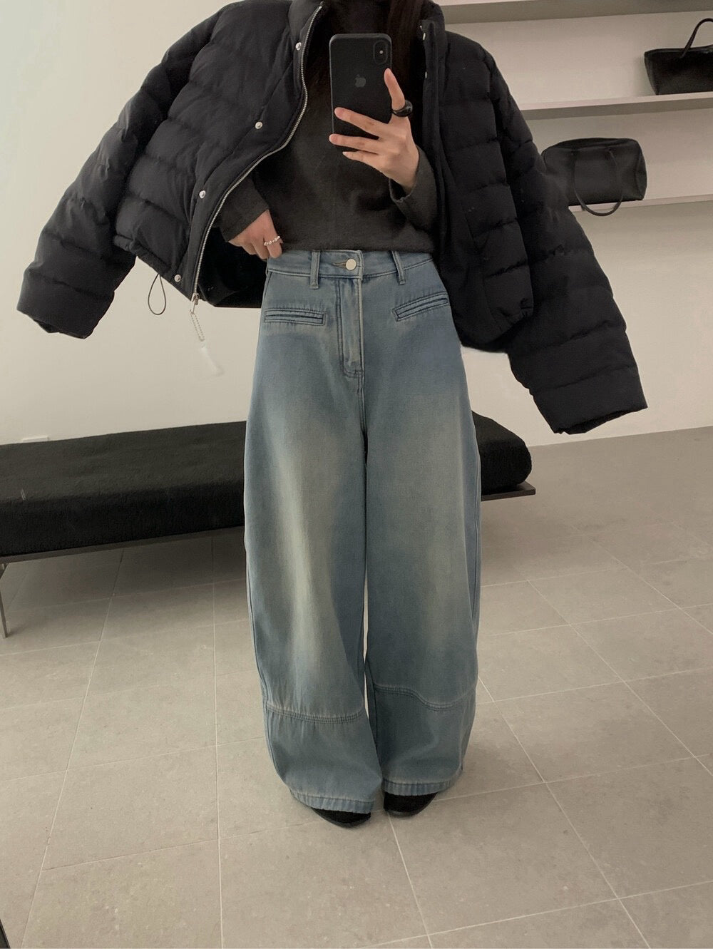 // 雙口袋裝飾拼接褲腳加絨全長牛仔褲