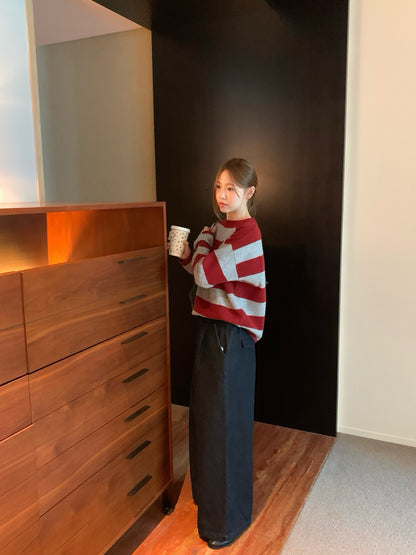 // 撞色粗間條100%羊毛圓領毛衣