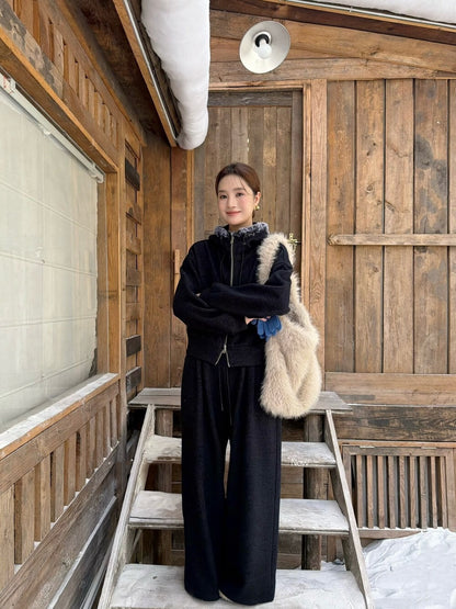 // 連毛毛帽加絨拉鍊外套+橡筋褲套裝