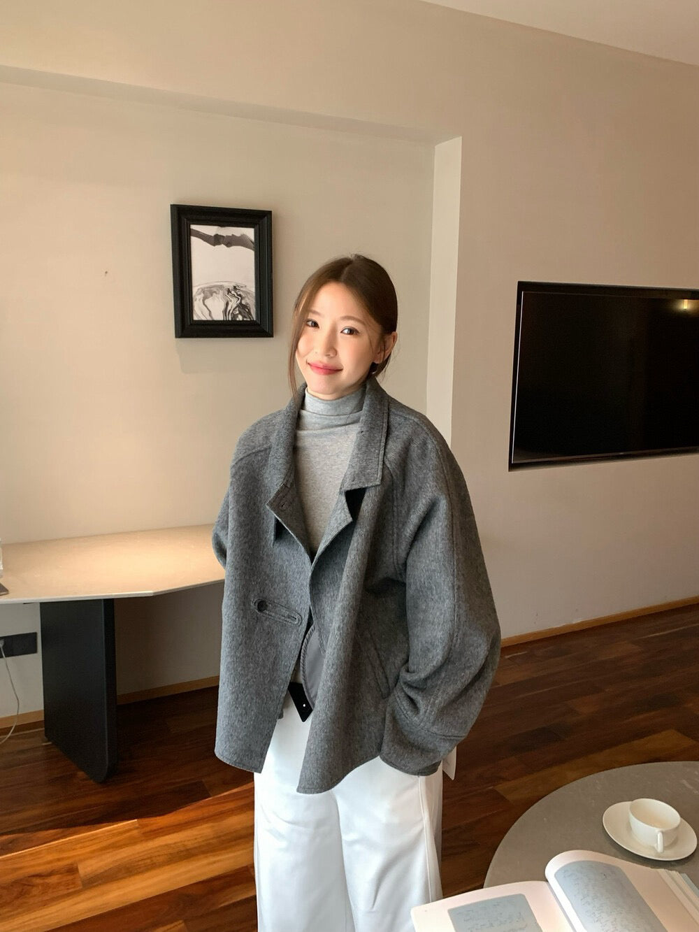 // 雙面毛呢可立領中短外套