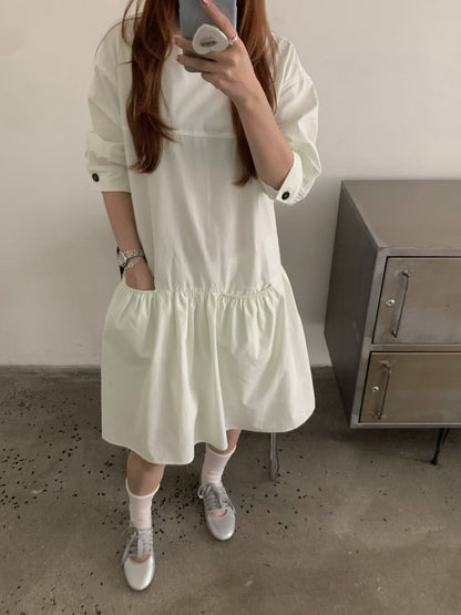 // 少女感中袖荷葉腳口袋OPS